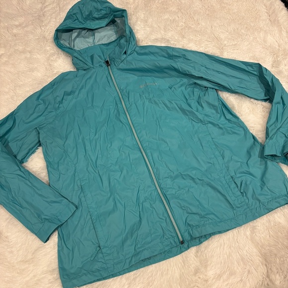Columbia Jacket Womens Light Weight Rain Hooded Full Zip Windbreaker Teal 2X - Picture 1 of 11